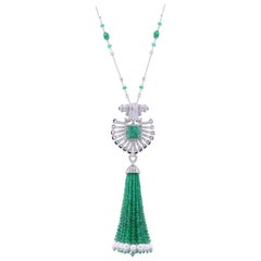 18k White Gold Beaded Emerald Tassel Necklace with Pave Diamond