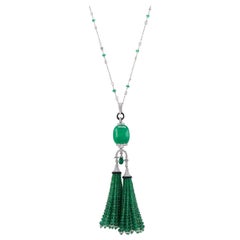 Beaded Emerald Tassel Necklace with Pave Diamond in 18k White Gold