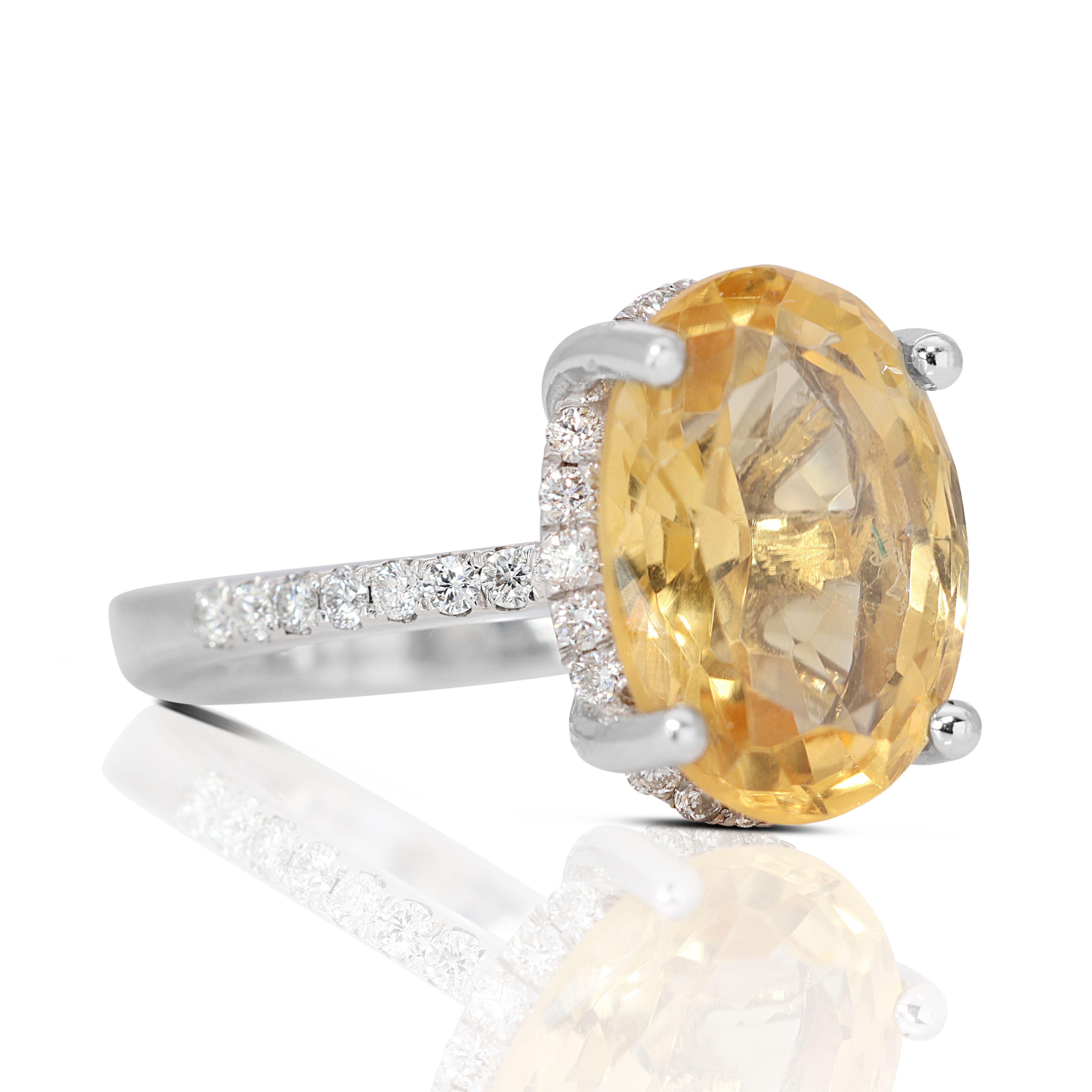 Round Cut 18K White Gold Beautiful Yellow Stone with Side Diamonds Ring For Sale