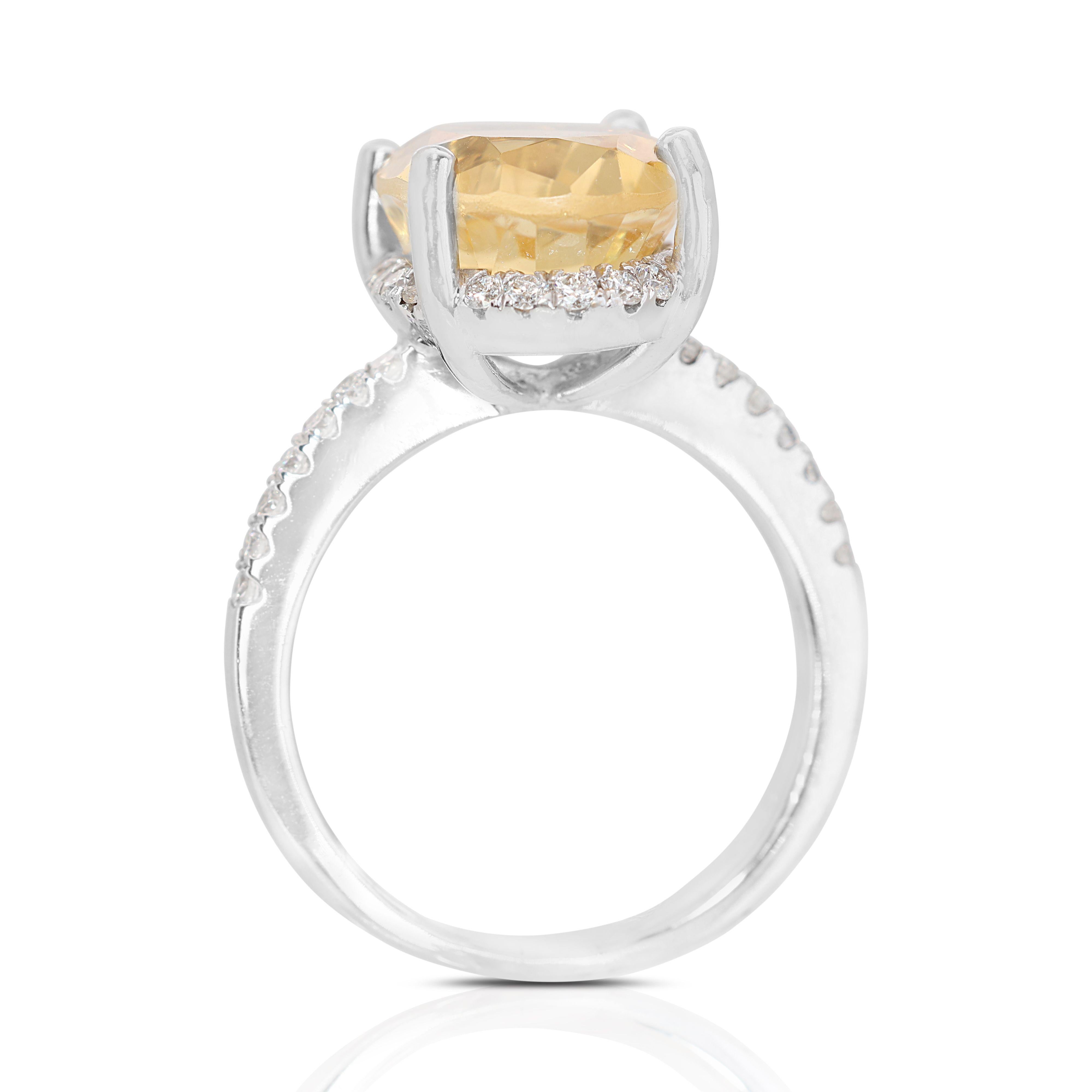 Women's 18K White Gold Beautiful Yellow Stone with Side Diamonds Ring For Sale