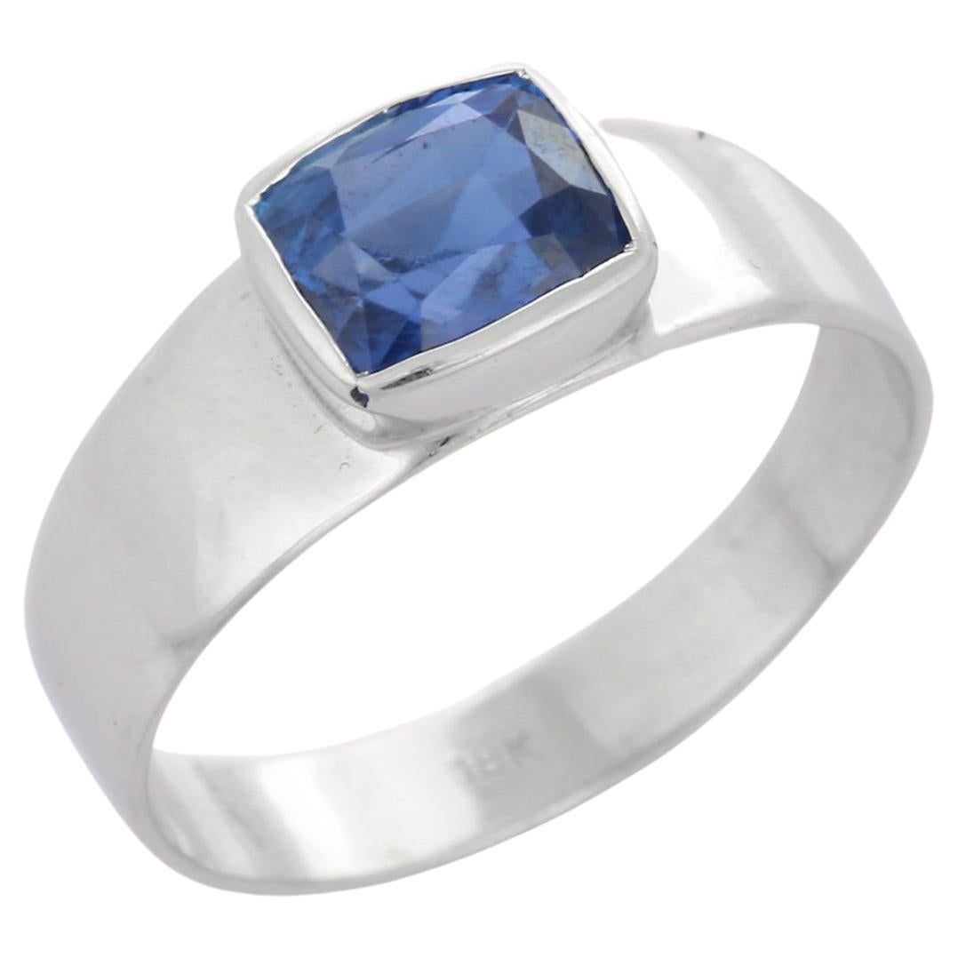 Faceted Natural Blue Sapphire Gemstone Ring 18k Solid White Gold Unisex Ring