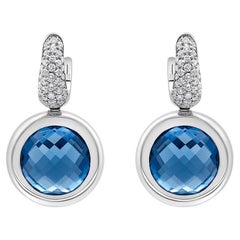 18K White Gold Bezel Set Blue Topaz and 1/2 Carat Diamond Bale Dangle Earrings