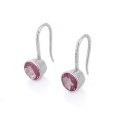 18K White Gold Bezel Set Round Shaped Pink Sapphire Dangle Earrings