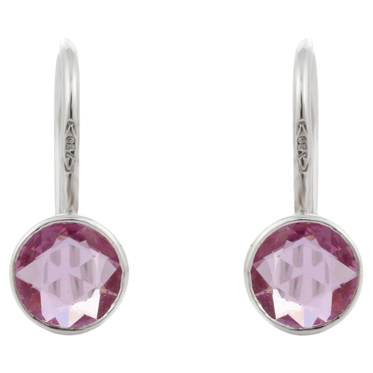 18K White Gold Bezel Set Round Shaped Pink Sapphire Dangle Earrings
