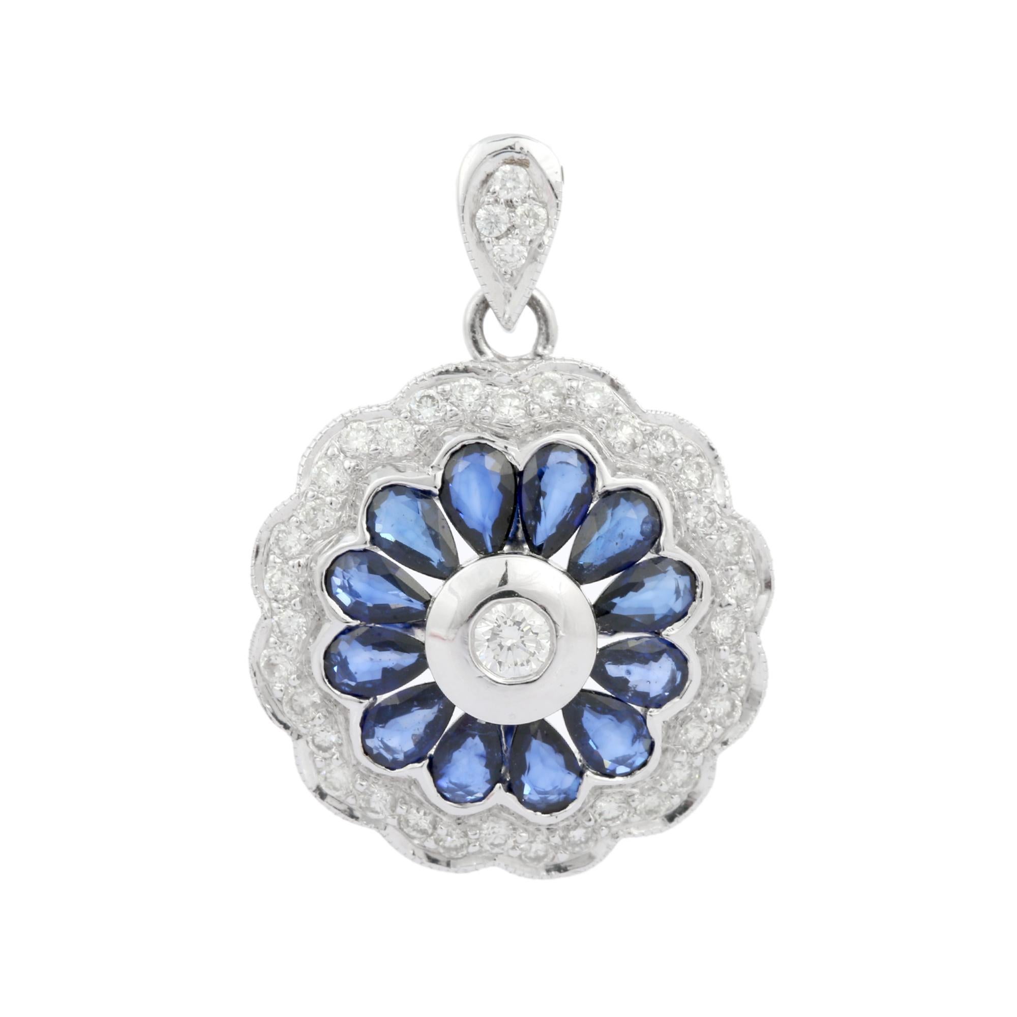 Contemporary 18K White Gold Statement Flower Blue Sapphire and Diamond Pendant For Sale