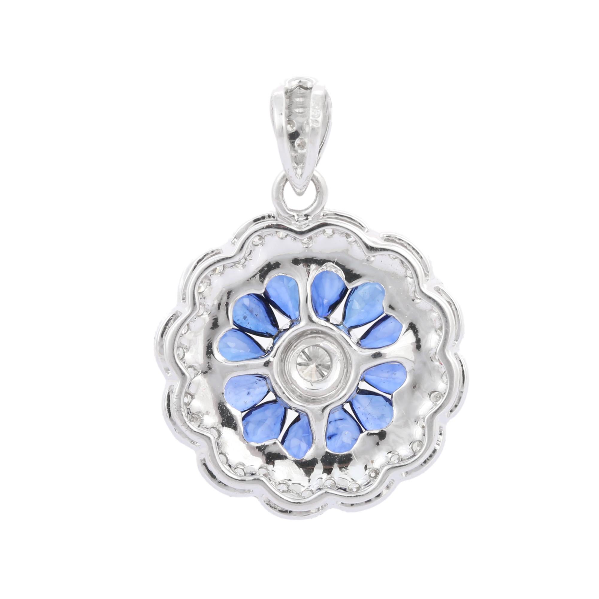 Pear Cut 18K White Gold Statement Flower Blue Sapphire and Diamond Pendant For Sale
