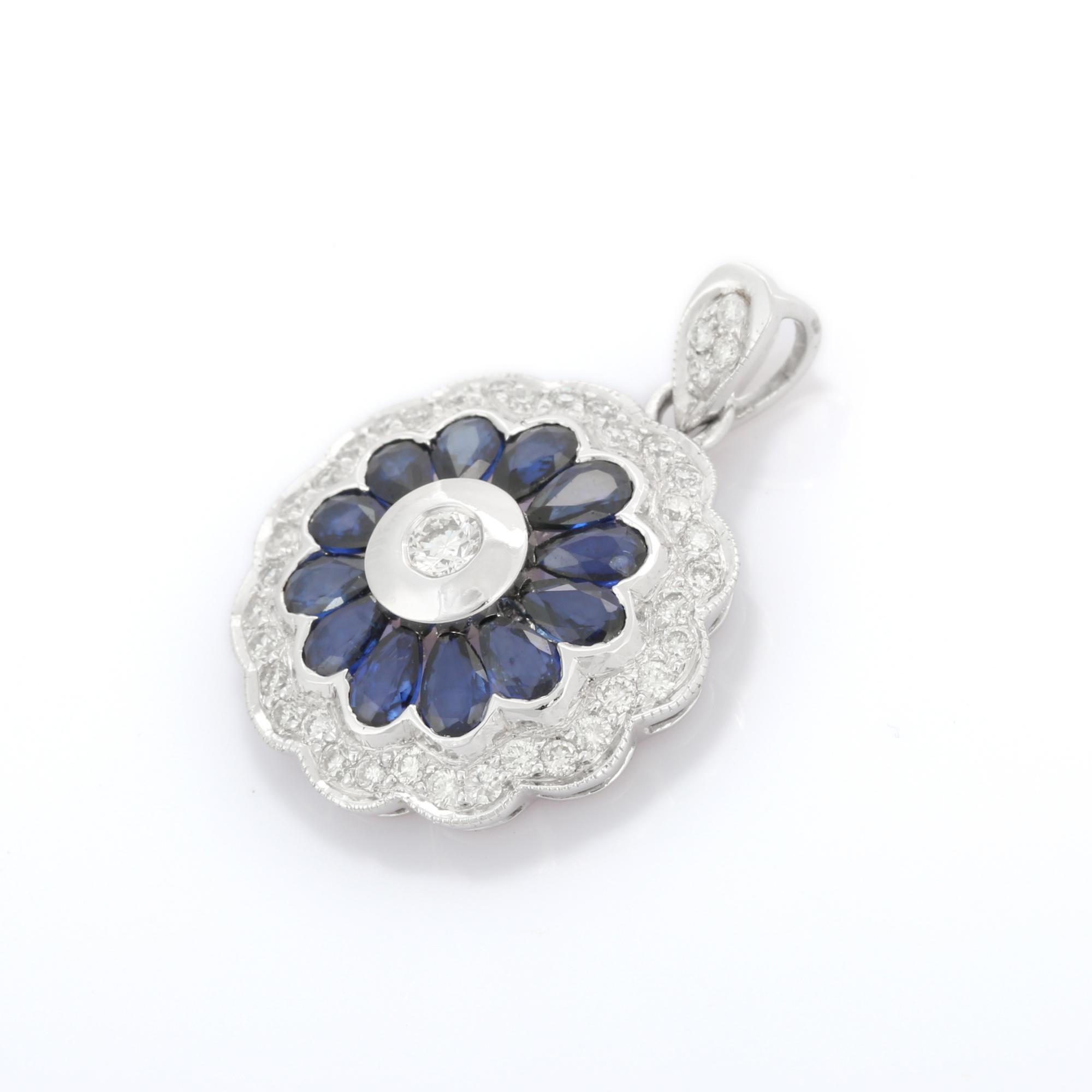 18K White Gold Statement Flower Blue Sapphire and Diamond Pendant In New Condition For Sale In Houston, TX