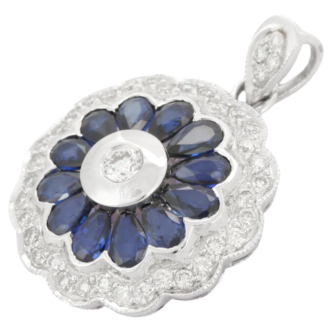 18K White Gold Statement Floral Blue Sapphire and Diamond Pendant for Wedding