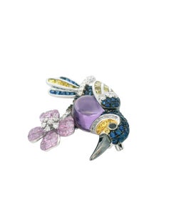 18K White Gold Bird Brooch W/Sapphire & Diamond & Centered Amethyst