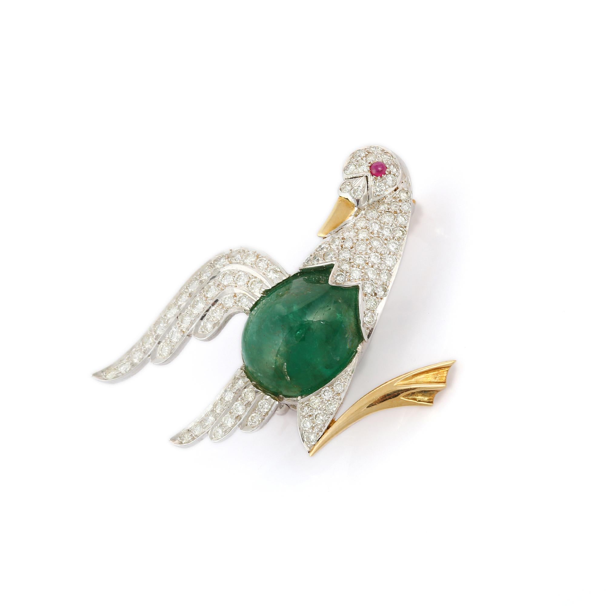 18 Karat massives Weißgold 5,25 Karat Smaragd im Cabochon-Schliff und Diamant-Vogelbrosche (Art déco)