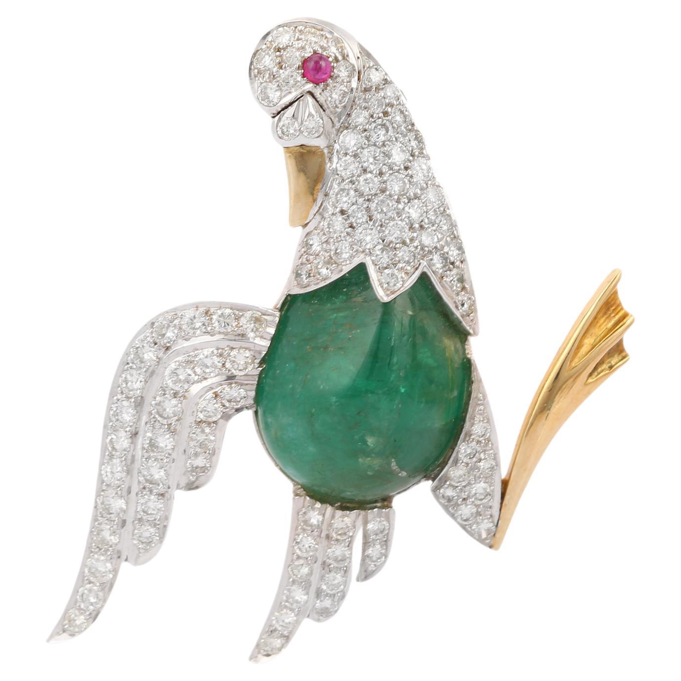 18K White Gold Bird Emerald Brooch with Diamonds