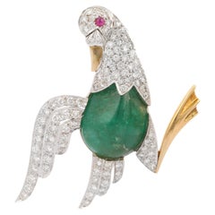 18K White Gold Bird Emerald Brooch with Diamonds