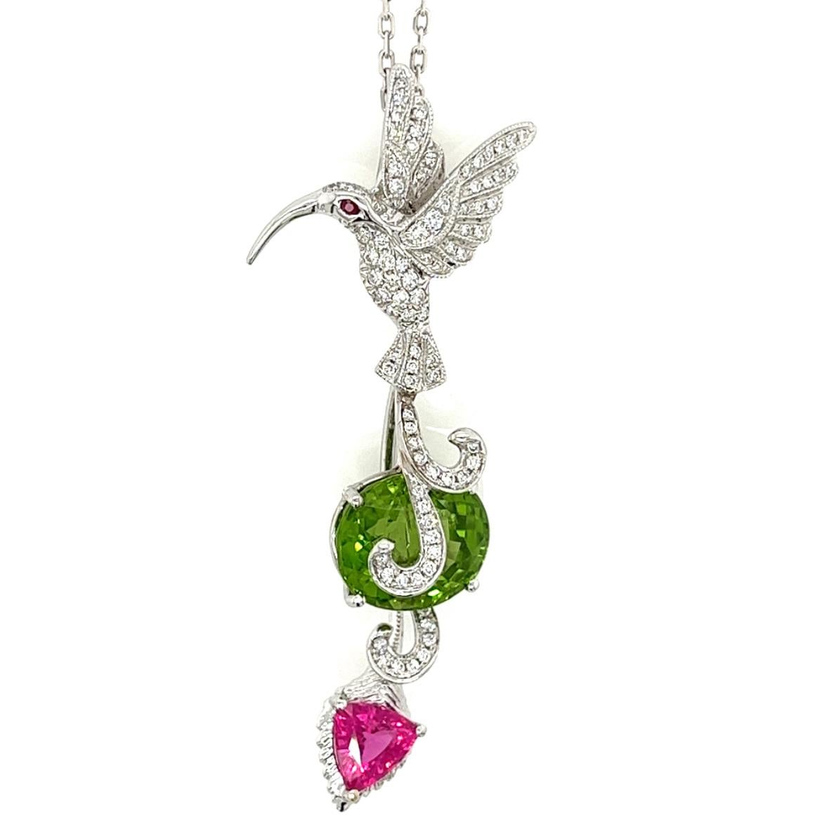 Modern 18K White Gold Bird & Stone Necklace with Diamonds For Sale