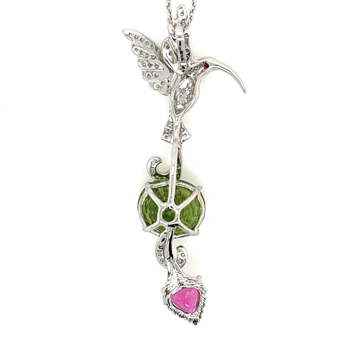 Round Cut 18K White Gold Bird & Stone Necklace with Diamonds For Sale