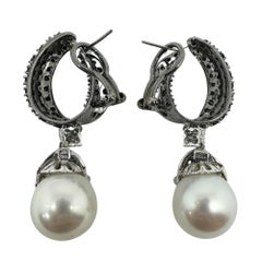 18K White Gold Black and White Diamond and Pearl Drop Earrings