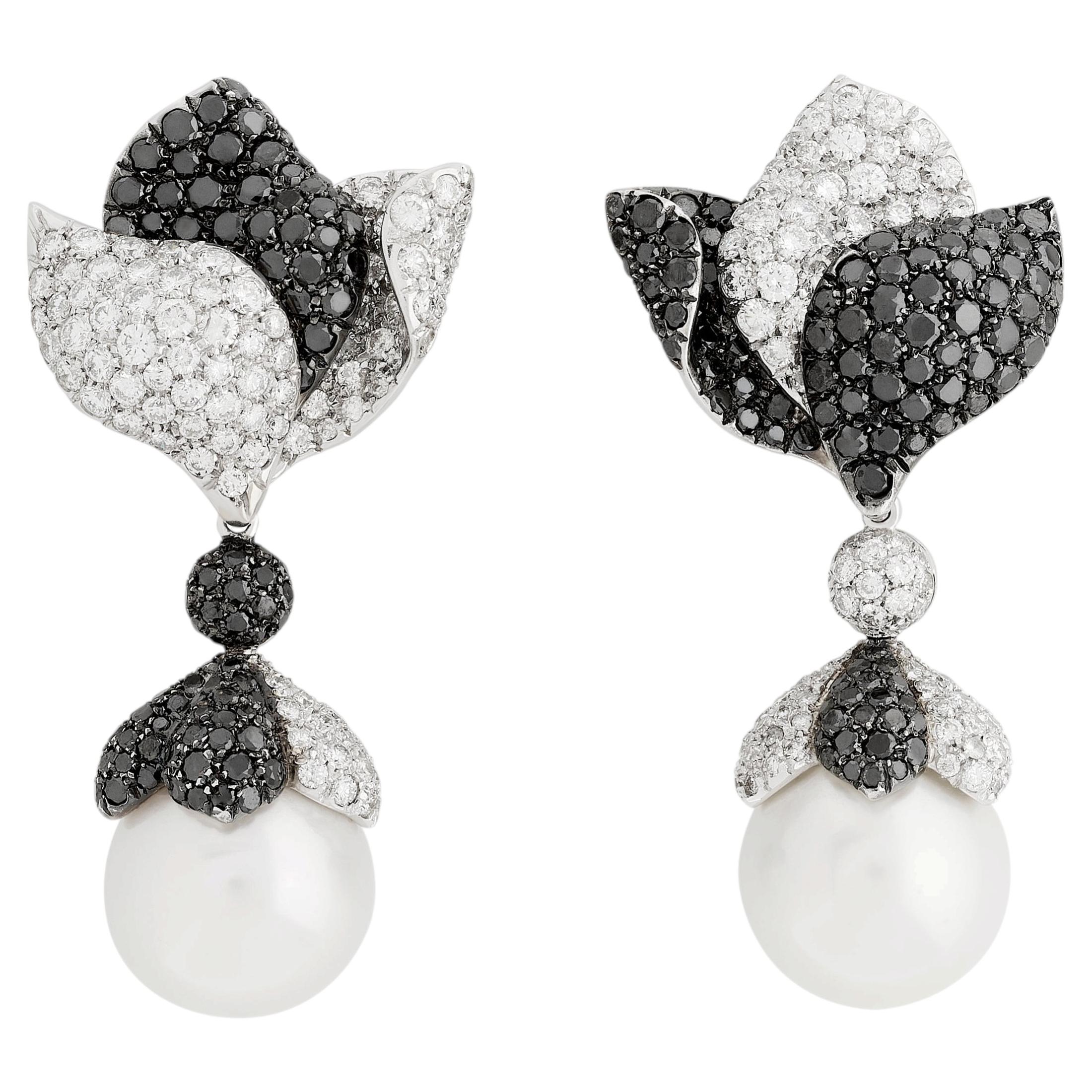 18K White Gold Black and White Diamond and Removeable Pearl Dangle Earrings