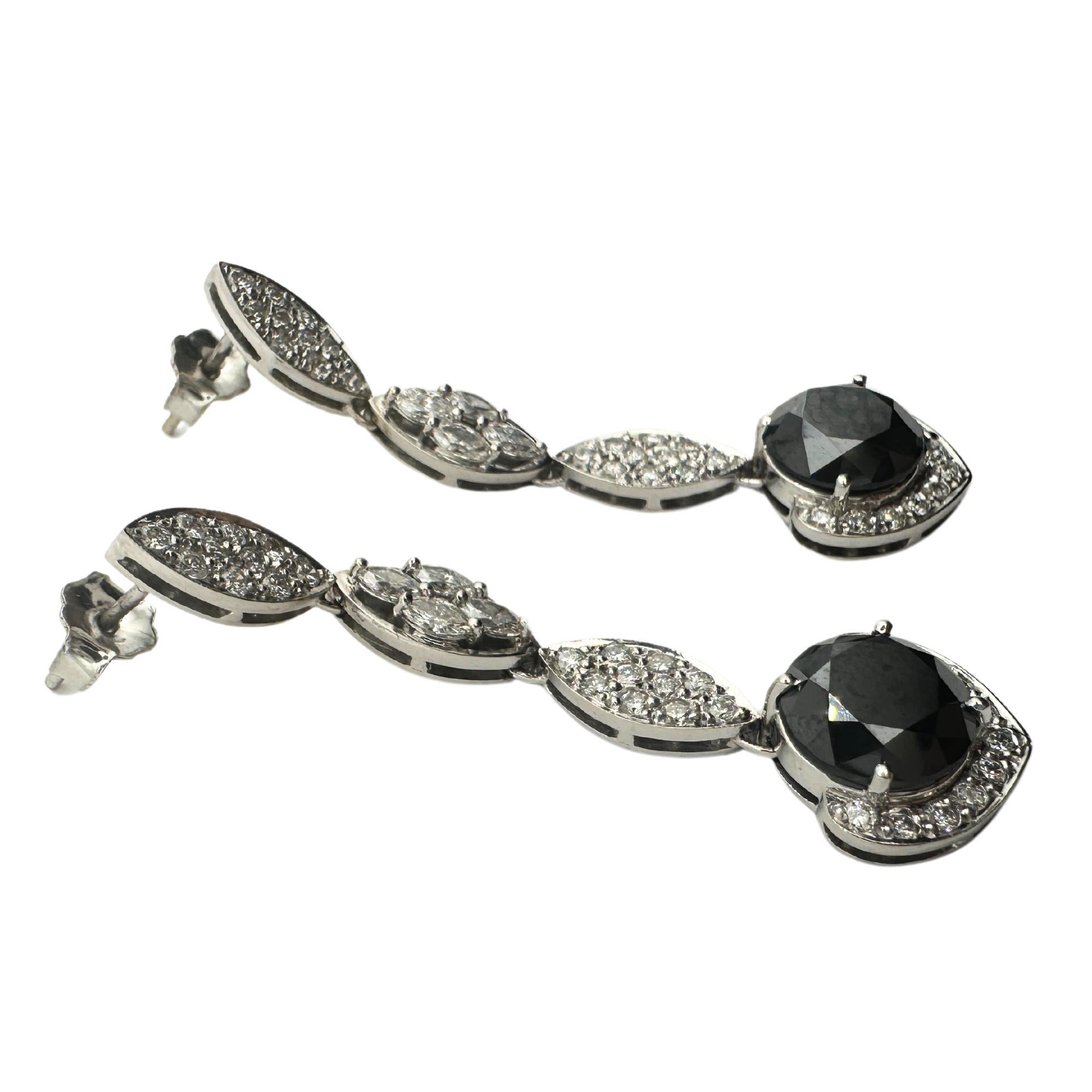 Women's 18K White Gold Black and White Diamond Drop Earrings For Sale