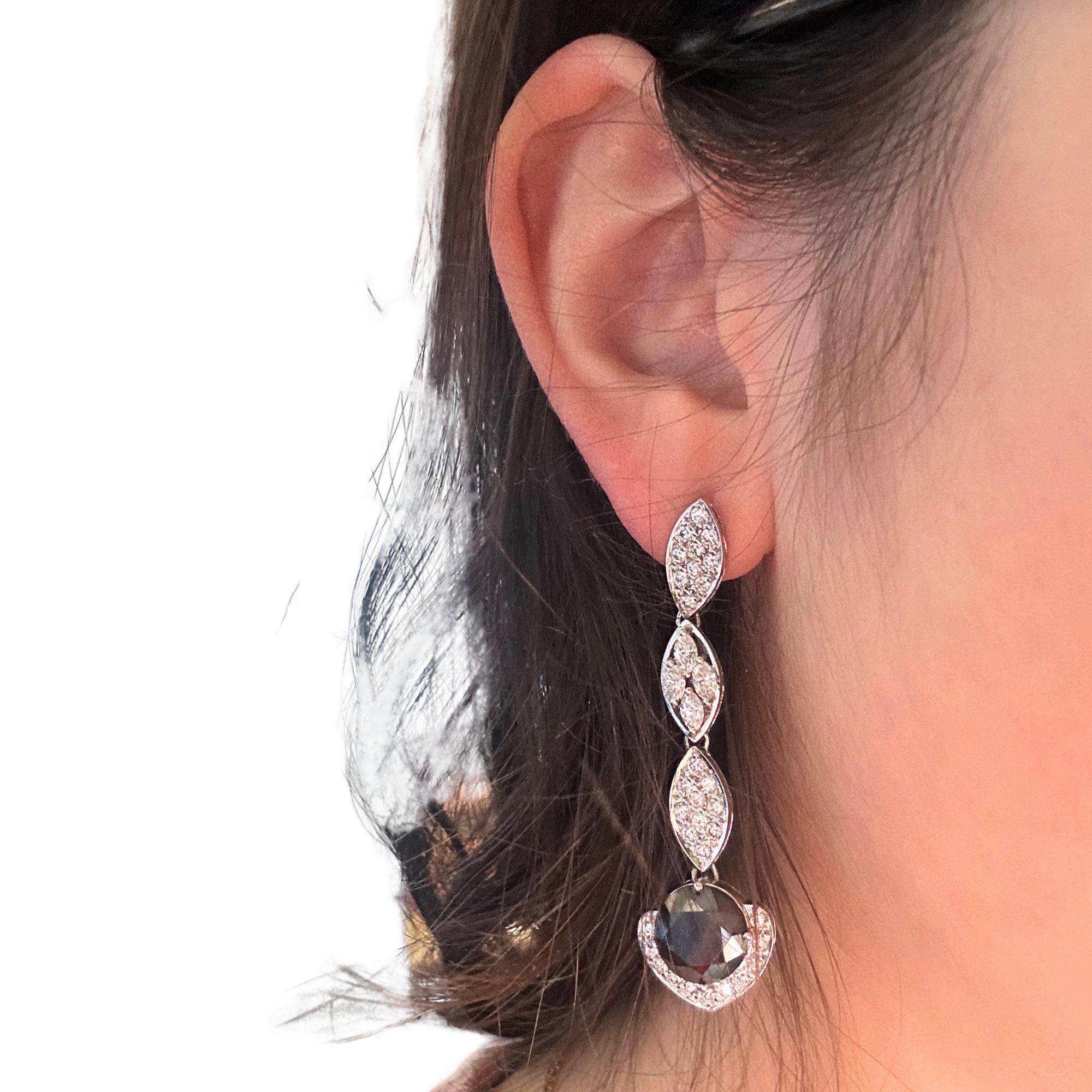 18K White Gold Black and White Diamond Drop Earrings For Sale 1
