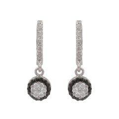 18K White Gold Black and White Diamond Dainty Flower Dangle Earrings