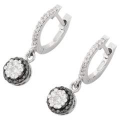 18K White Gold Black and White Diamond Flower Dangle Earrings with English Lock