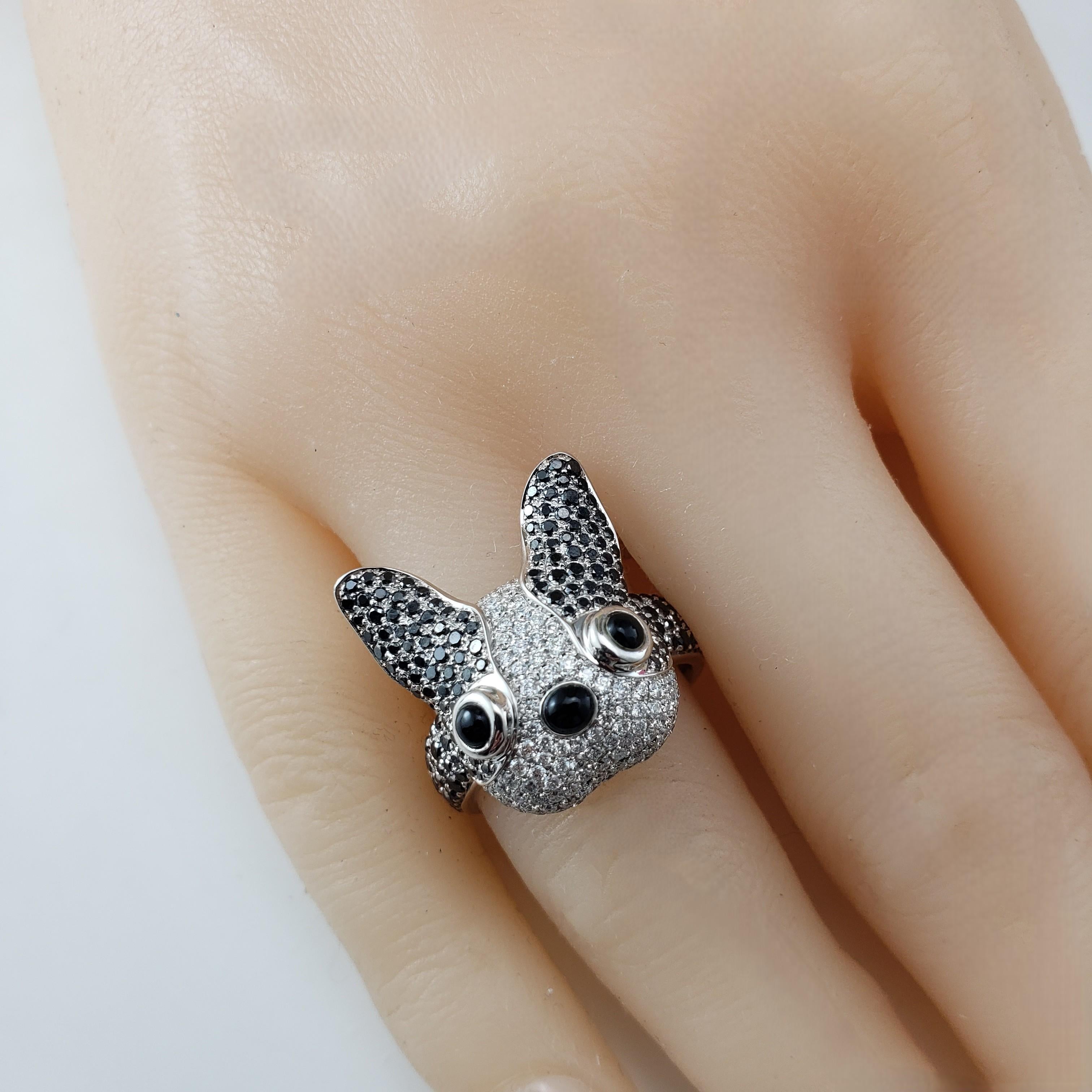 18K White Gold Black and White Diamond French Bulldog Ring Size 7.5 #21160 For Sale 2