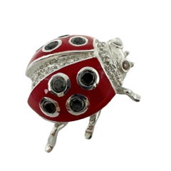 18K White Gold Black and White Diamond Red Lady Bug Brooch