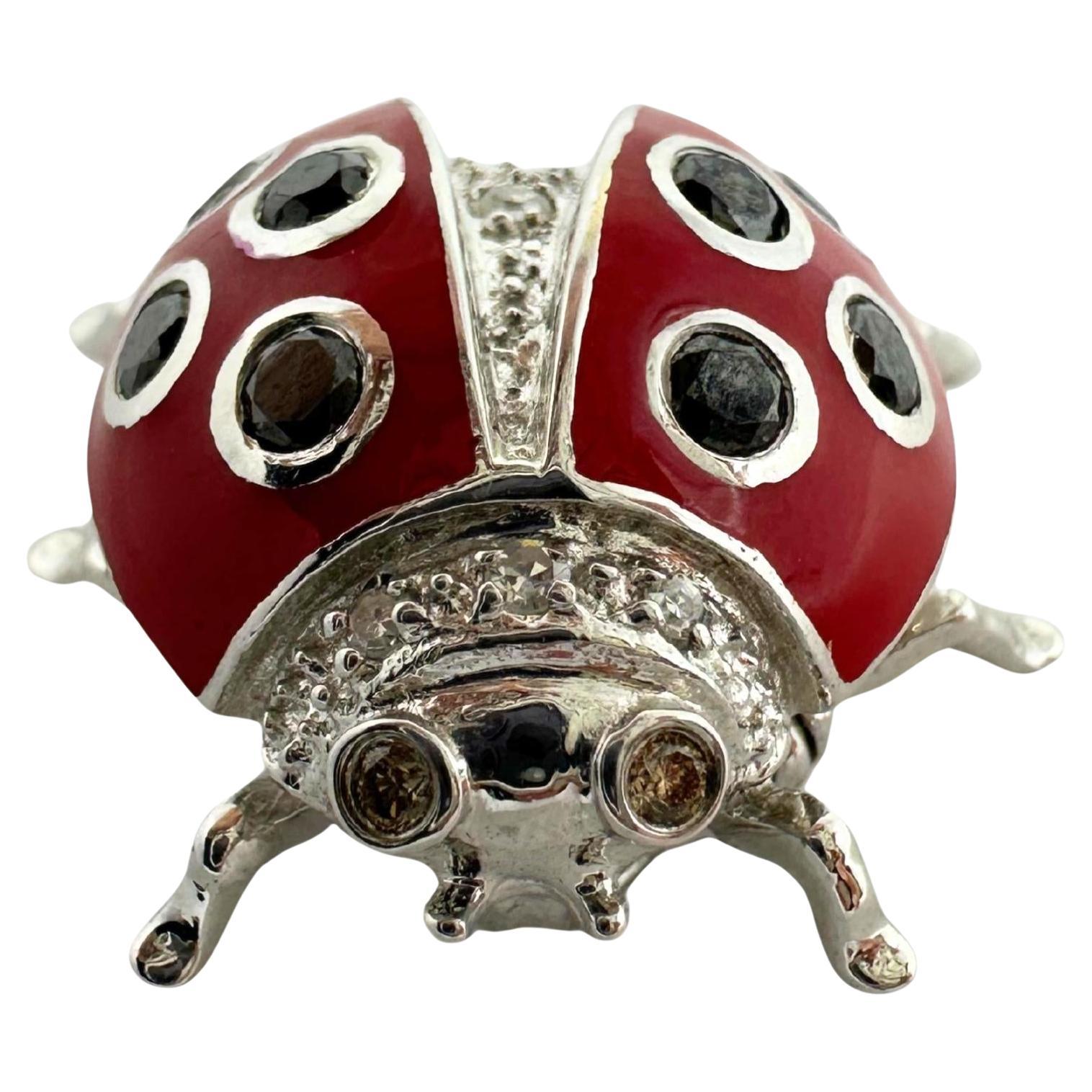 18K White Gold Black and White Diamond Red Lady Bug Brooch