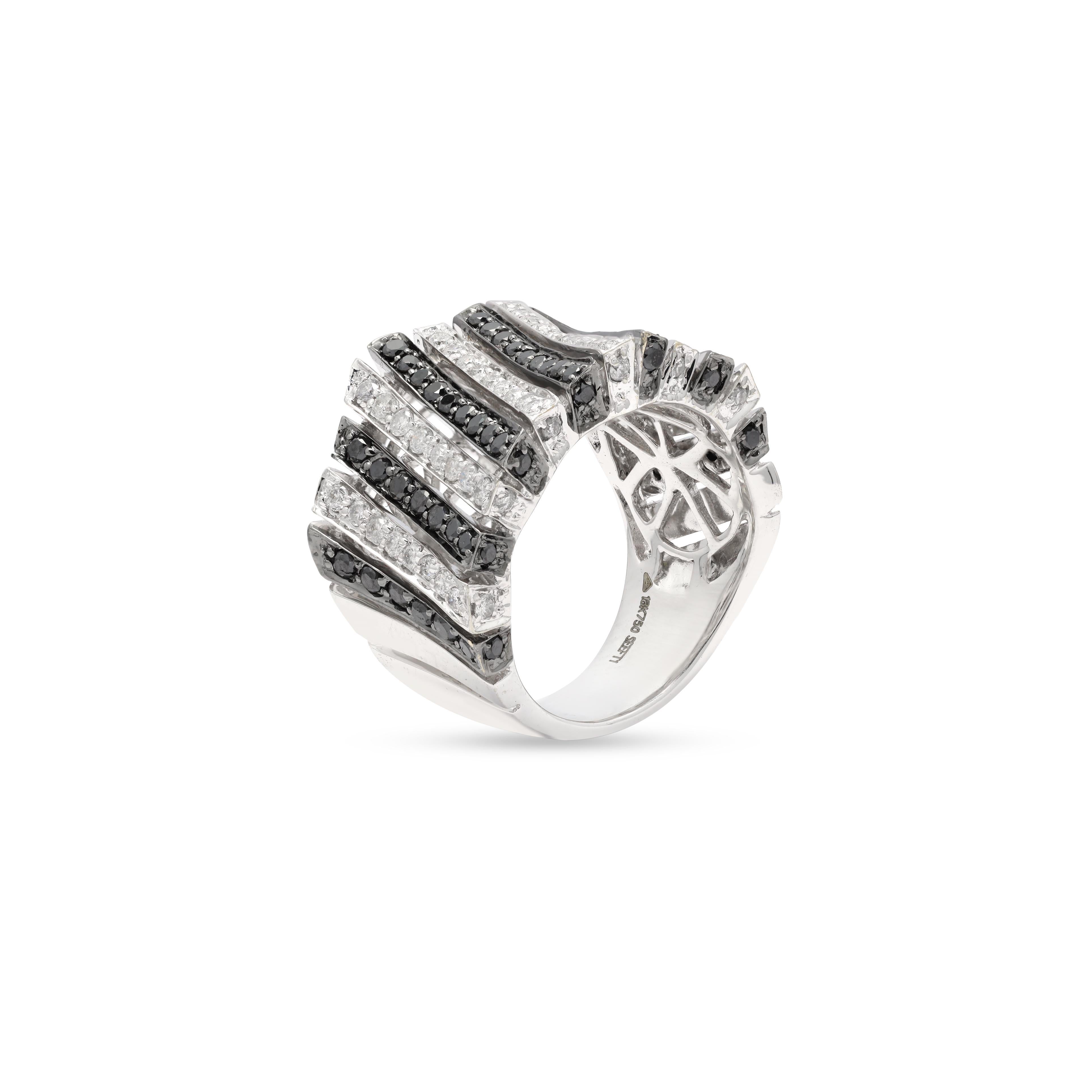 For Sale:  18K White Gold Statement Black White Diamond Wide Band Cocktail Ring 3