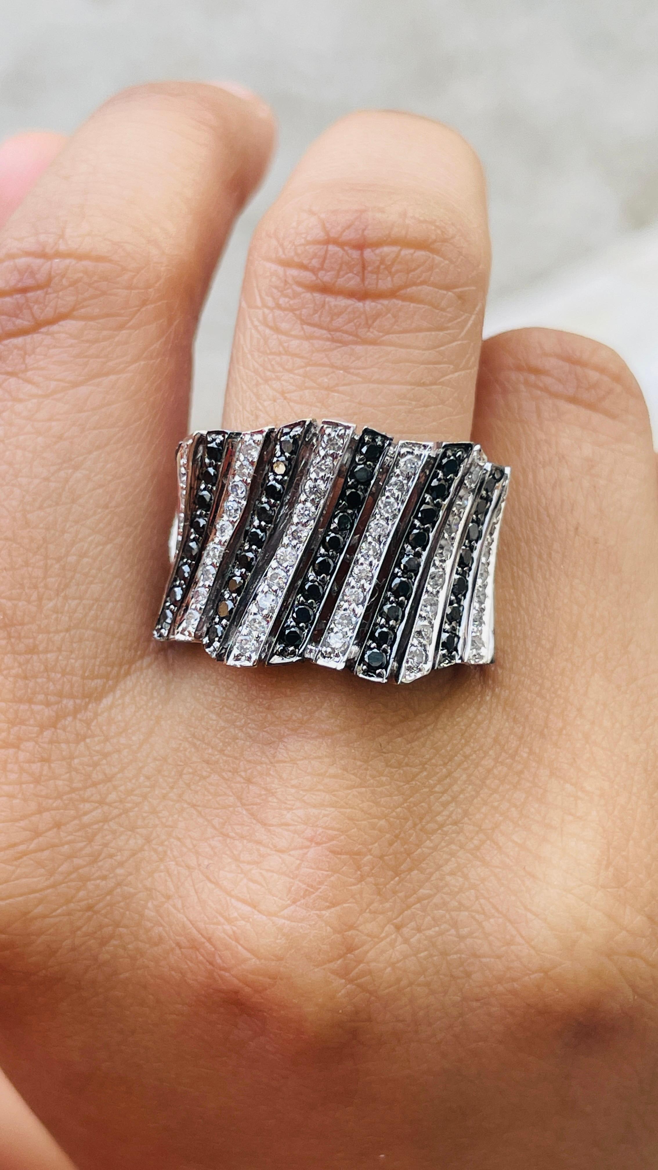 For Sale:  18K White Gold Statement Black White Diamond Wide Band Cocktail Ring 5