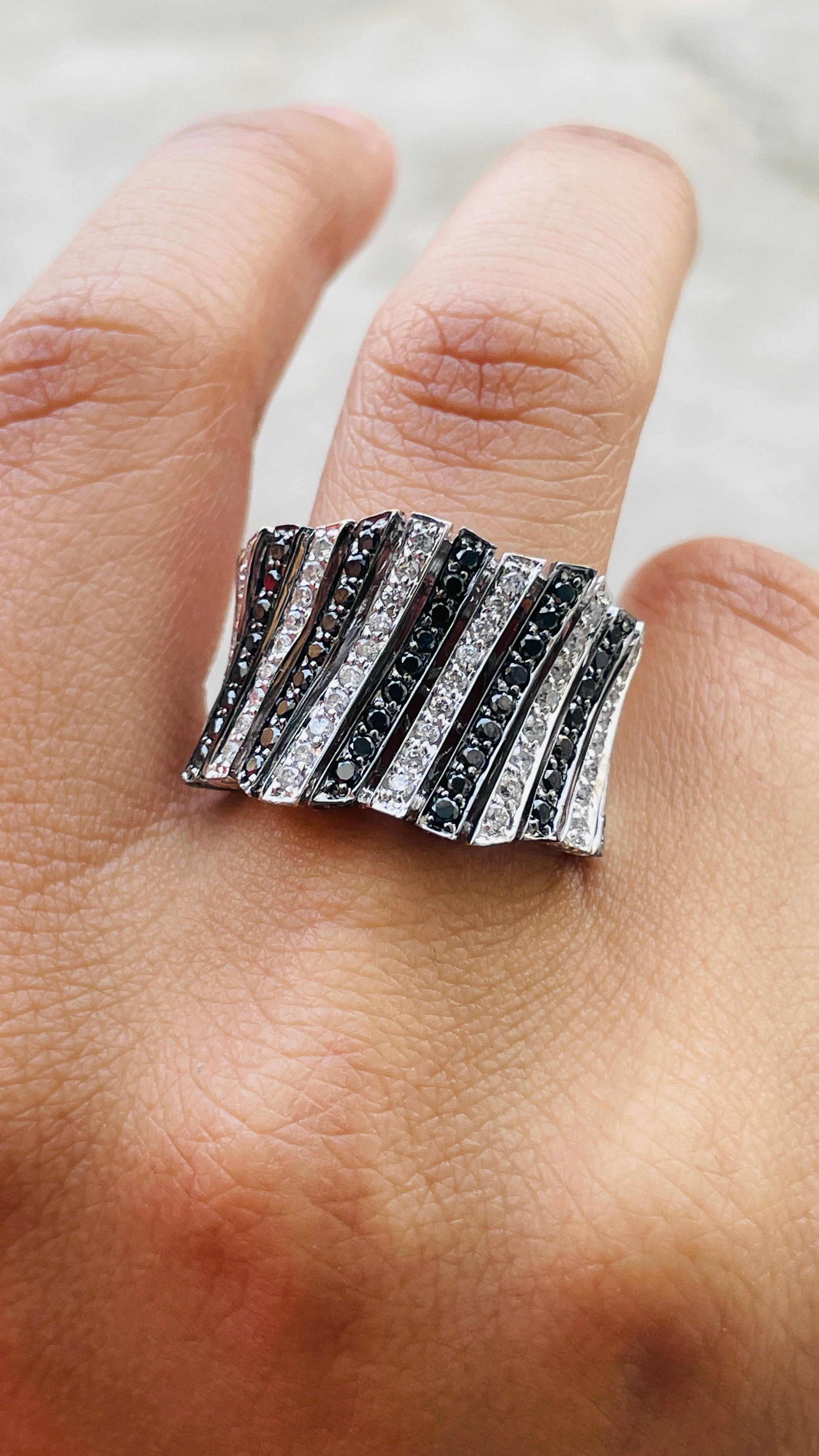 For Sale:  18K White Gold Statement Black White Diamond Wide Band Cocktail Ring 6