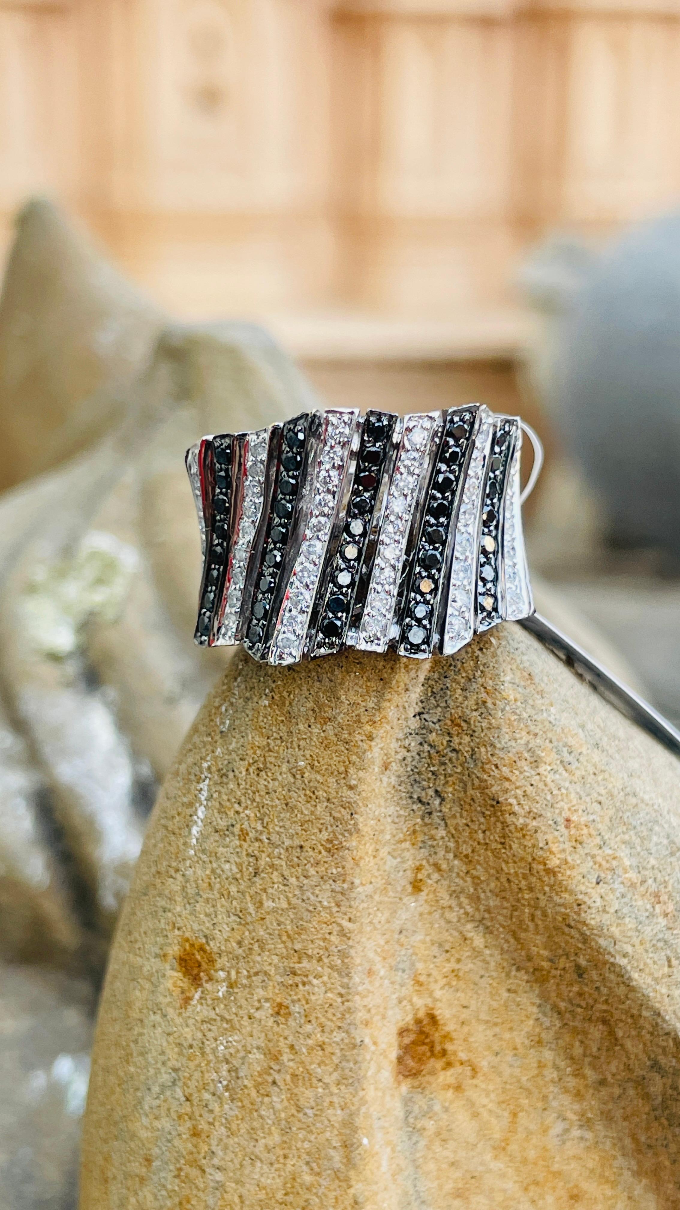 For Sale:  18K White Gold Statement Black White Diamond Wide Band Cocktail Ring 7