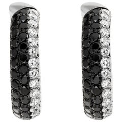 Vintage 18k White Gold Black and White Pave Diamond Hoop Earrings