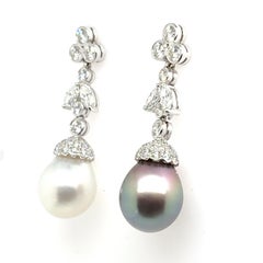 18k White Gold Black and White South Sea Pearl Diamond Drop Earrings