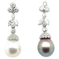 18k White Gold Black and White South Sea Pearl Diamond Drop Earrings