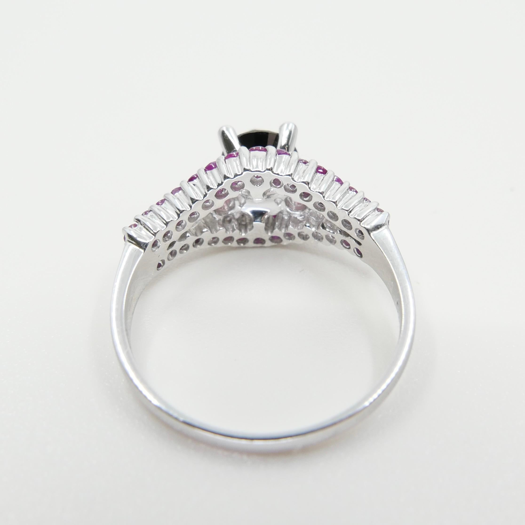 18K White Gold Black Diamond 1.11 Carat & Burma Ruby Cocktail Ring For Sale 10