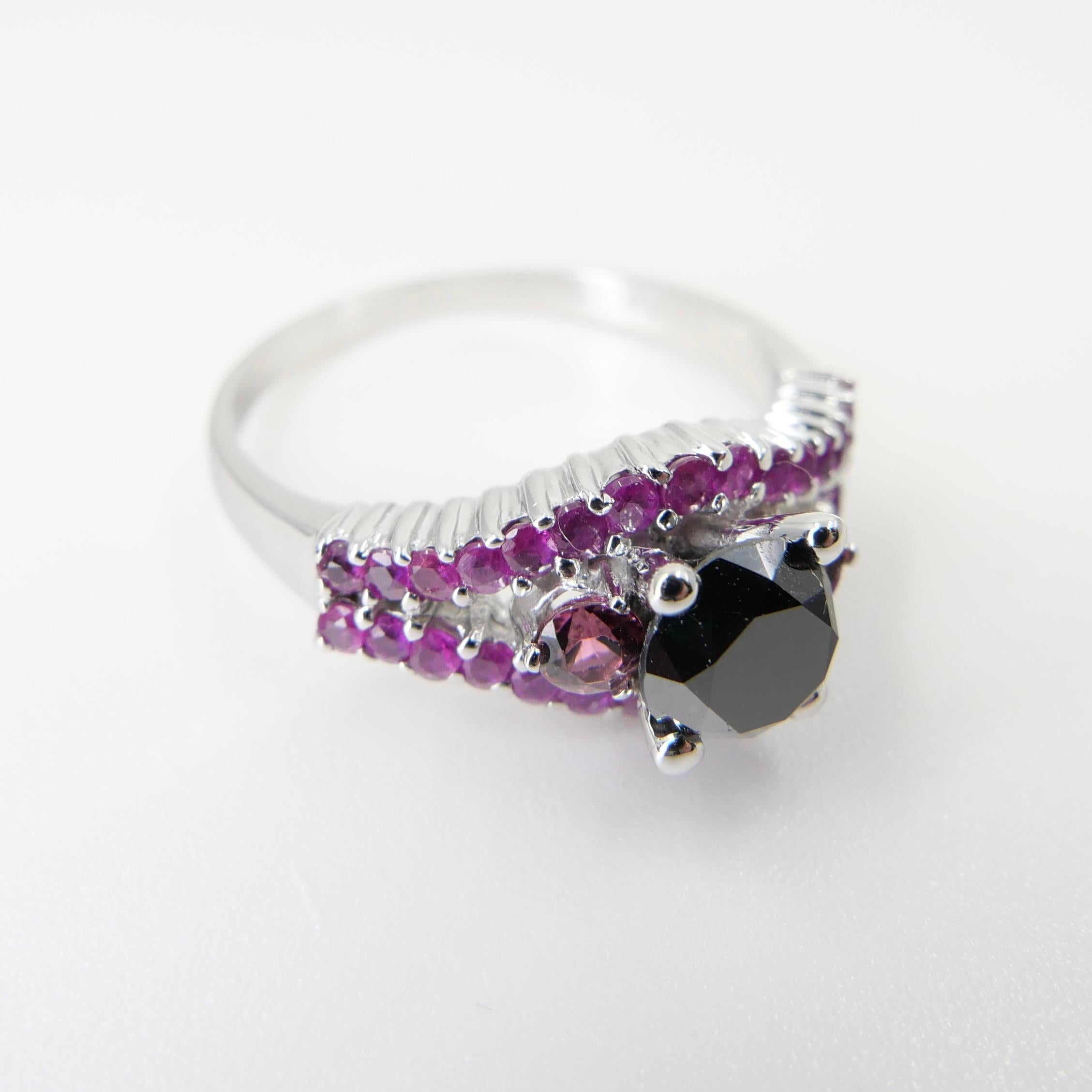 18K White Gold Black Diamond 1.11 Carat & Burma Ruby Cocktail Ring For Sale 13