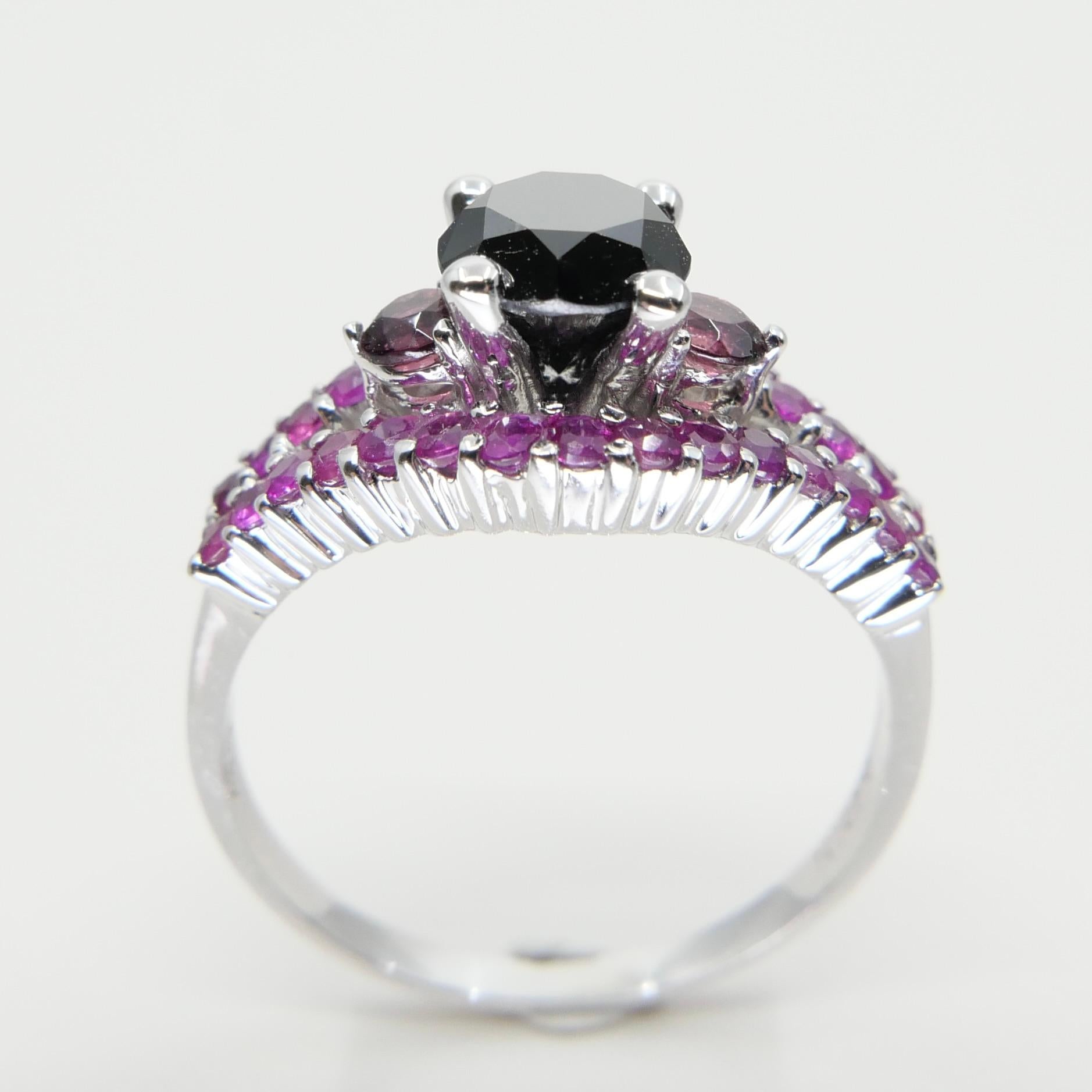 Women's 18K White Gold Black Diamond 1.11 Carat & Burma Ruby Cocktail Ring For Sale