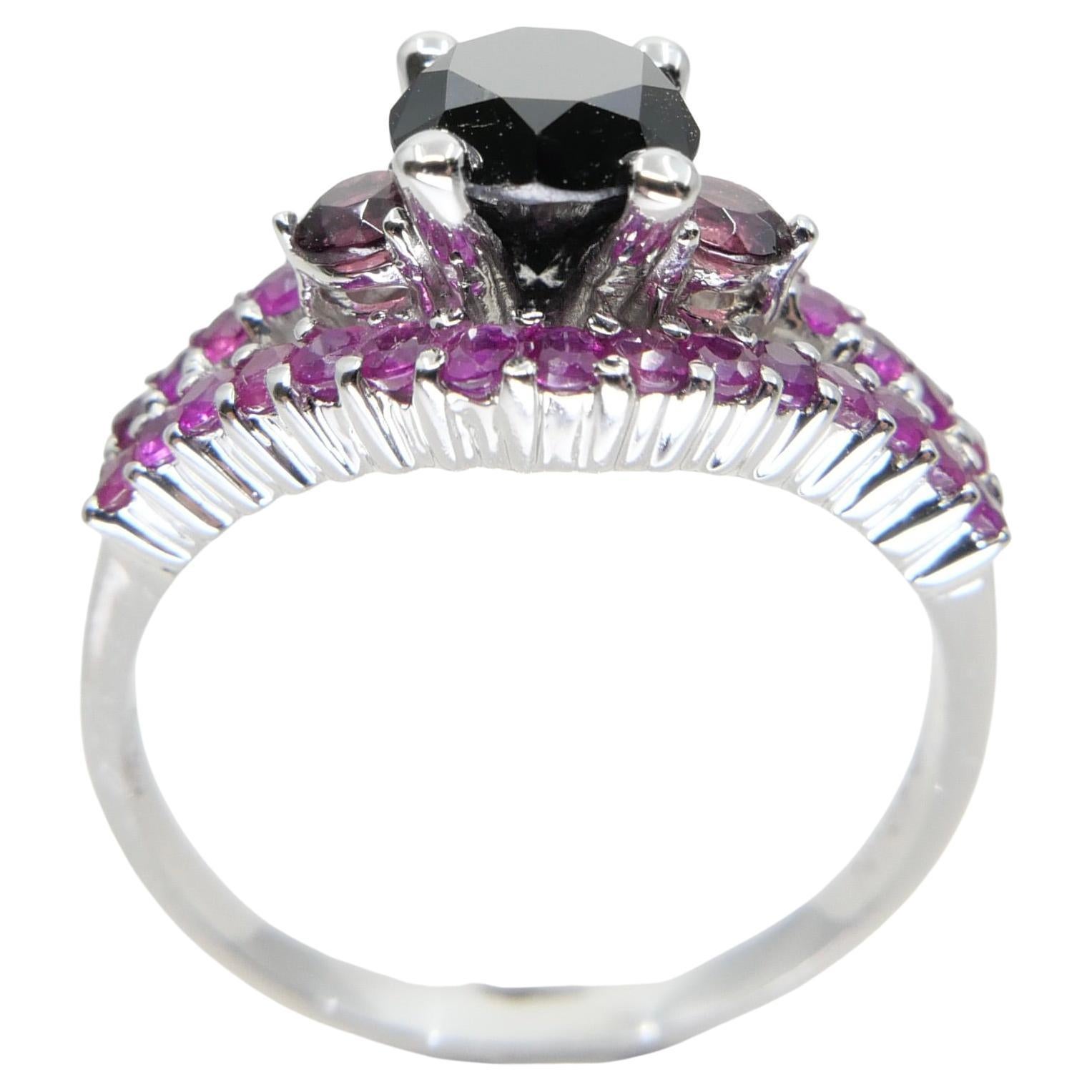 18K White Gold Black Diamond 1.11 Carat & Burma Ruby Cocktail Ring For Sale