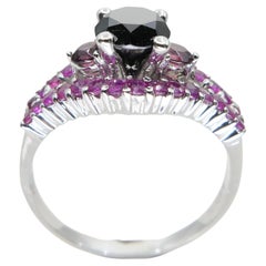 18K White Gold Black Diamond 1.11 Carat & Burma Ruby Cocktail Ring