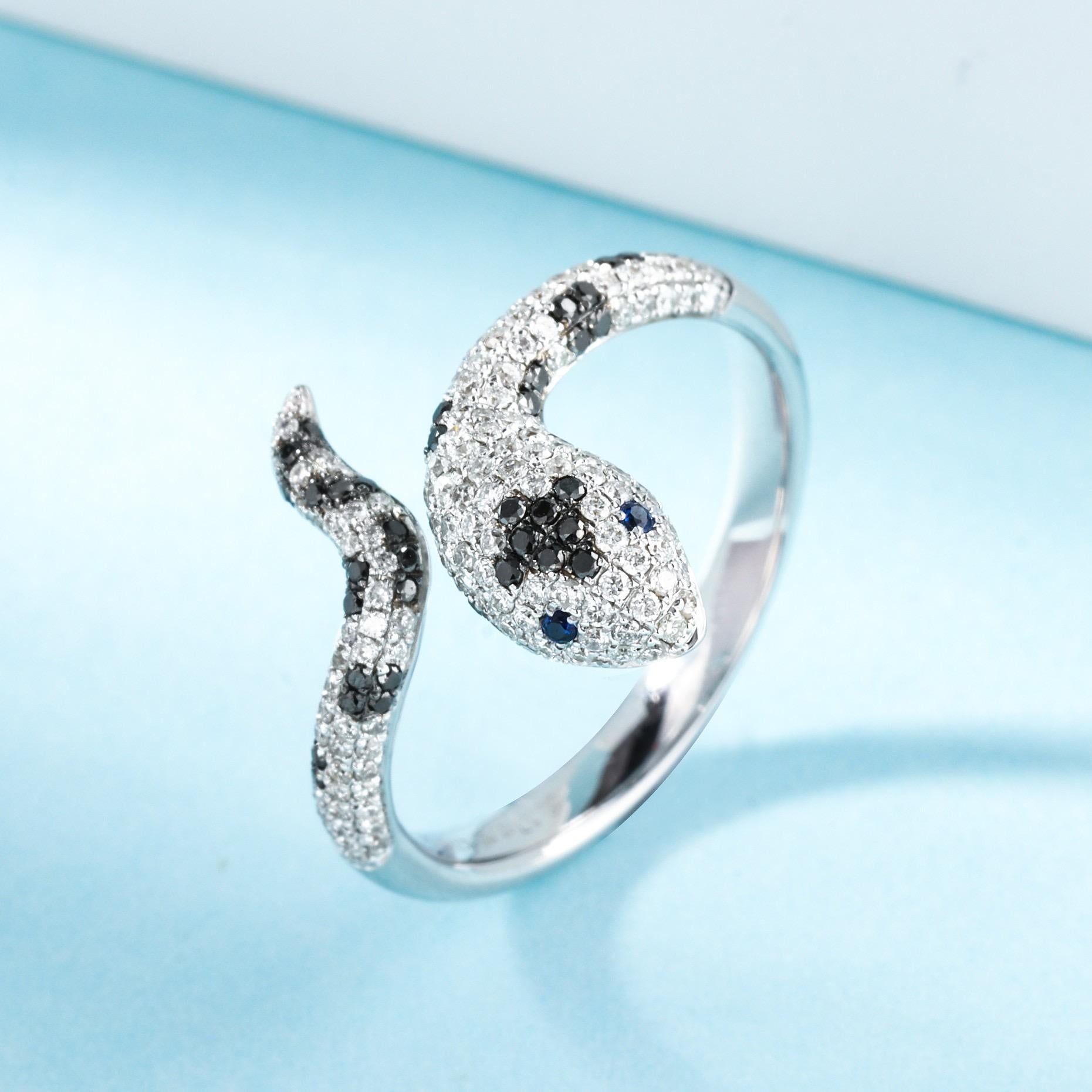 Modern 18K White Gold Black Diamond & Diamond Snake Ring For Sale