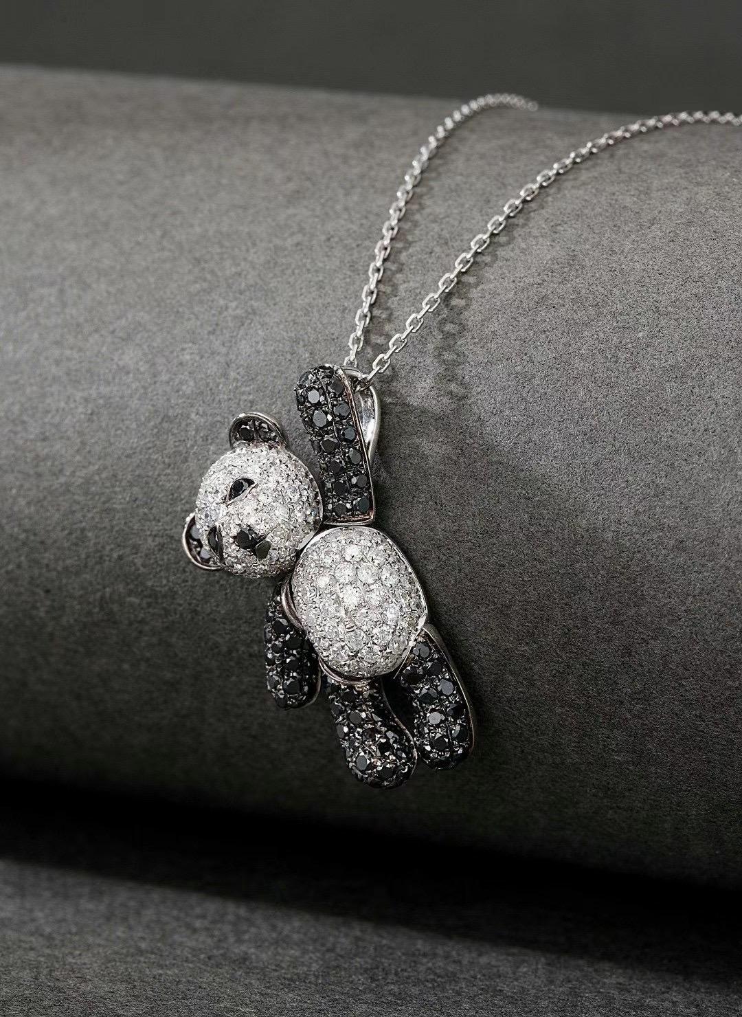 Round Cut 18K White Gold Black Diamond & Diamond Teddy Bear Pendant Necklace