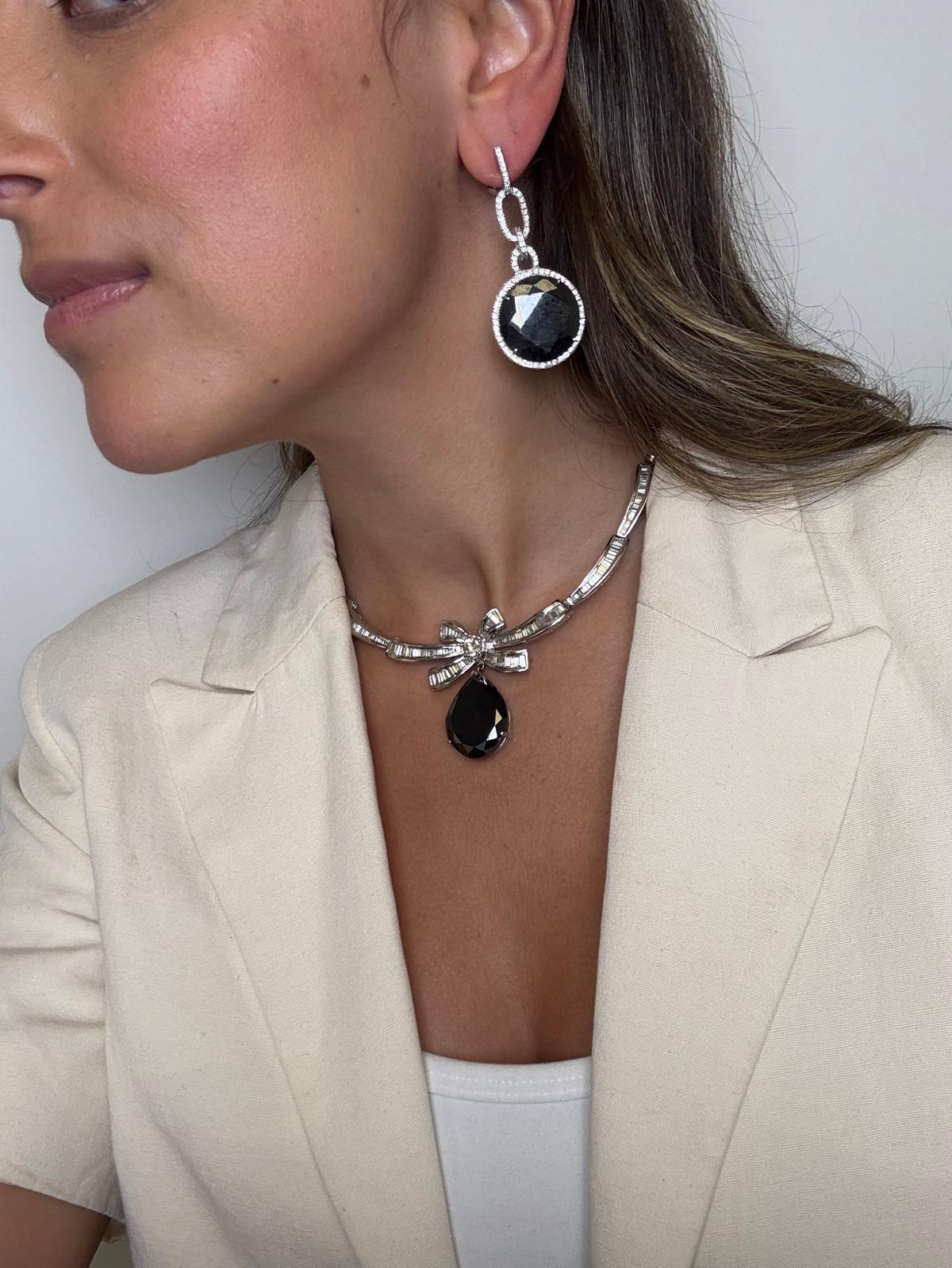 Women's or Men's 18K White Gold Black Diamond Drop Earrings For Sale