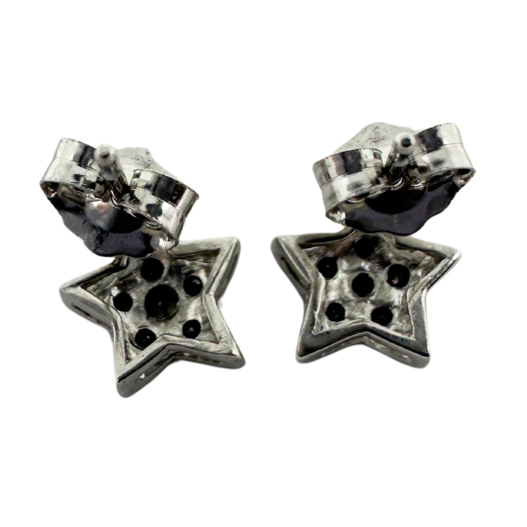 Women's 18K White Gold Black Diamond Star Studs with 14K White Gold Backings For Sale