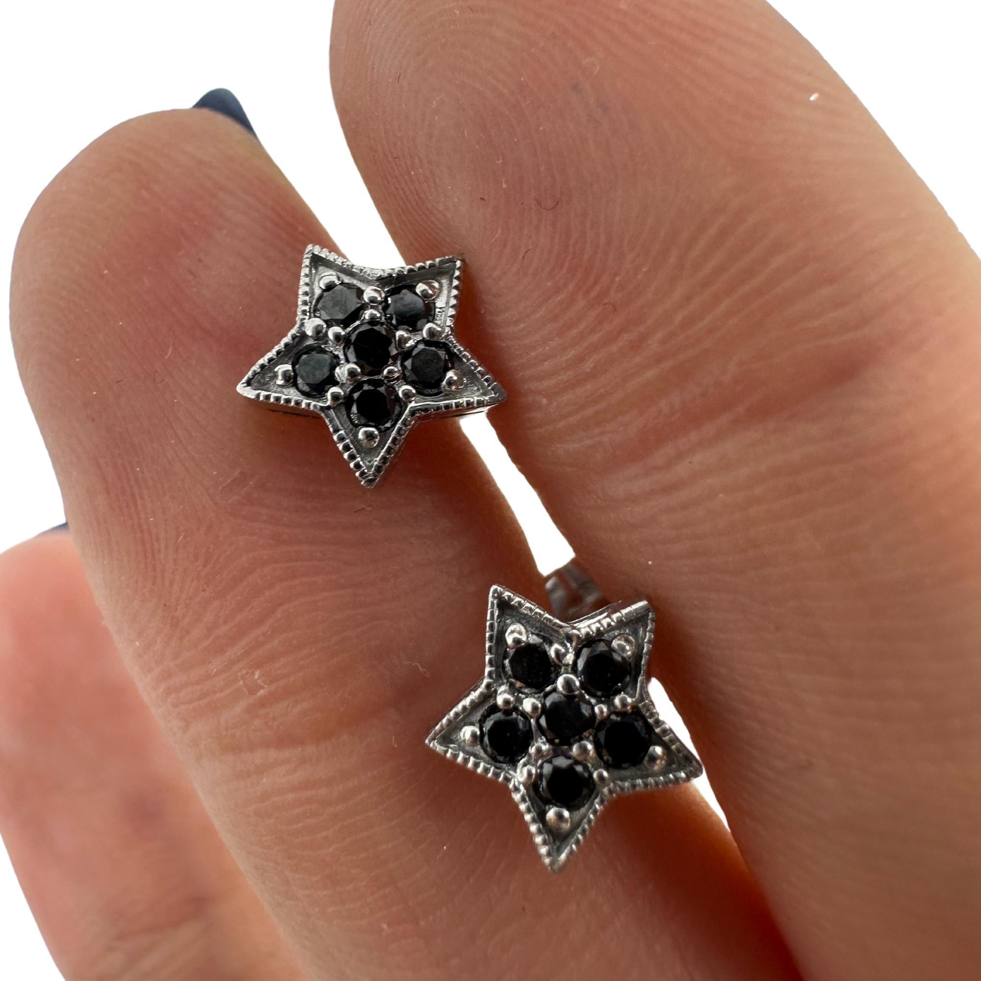 18K White Gold Black Diamond Star Studs with 14K White Gold Backings For Sale 3