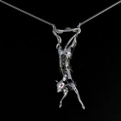 18 Karat White Gold Black Diamonds Rubies Art Deco Style Pendant Necklace