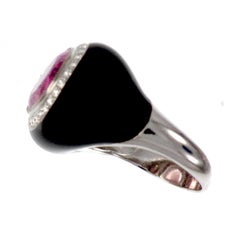 18 Karat White Gold Black Enamel with Diamond and Pink Tourmaline Fashion Ring