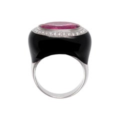 18 Karat White Gold Black Enamel with Diamond and Pink Tourmaline Fashion Ring 18 Karat White Gold Black Enamel with Diamond and Pink Tourmaline Fashion Ring