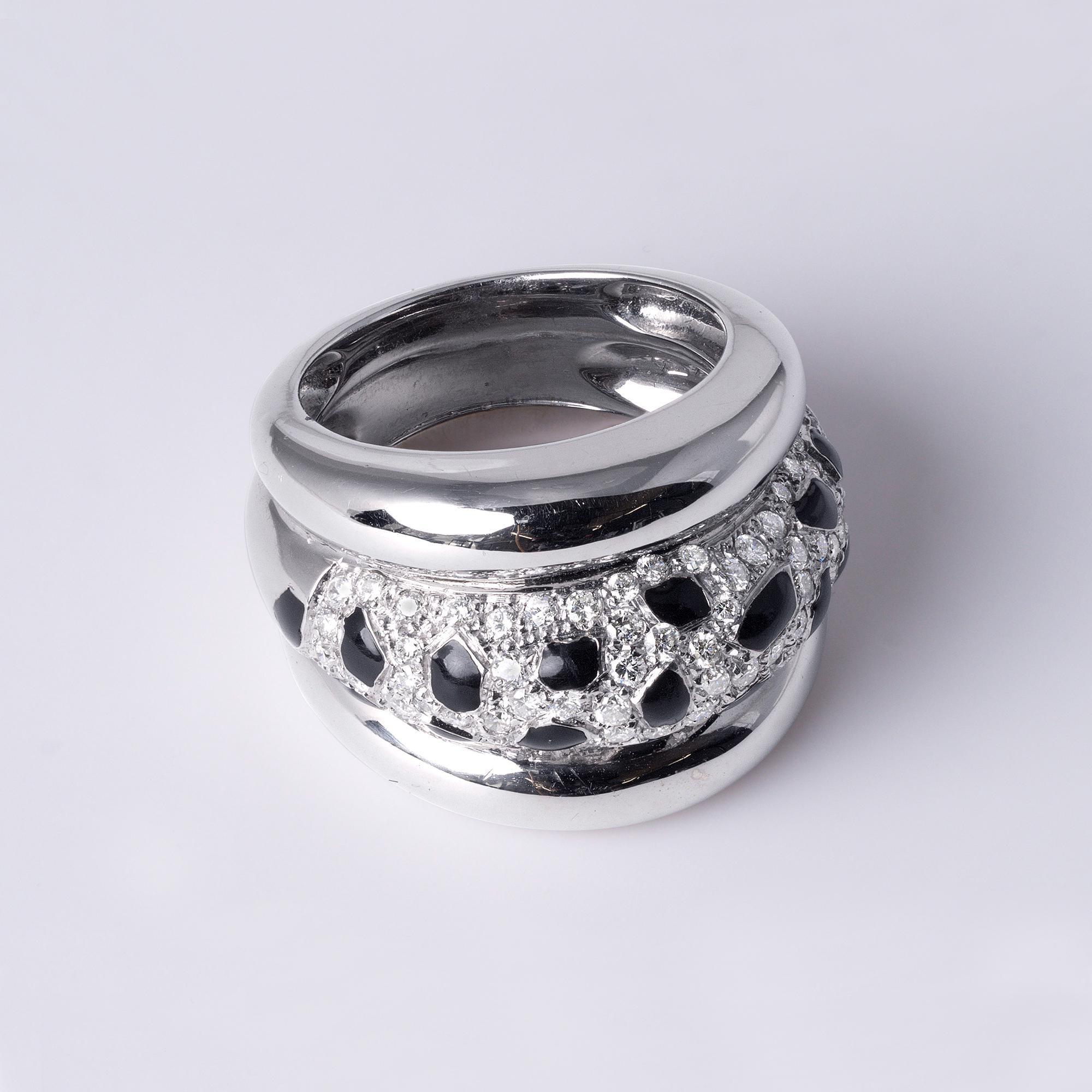 Contemporary 18K White Gold Black Onyx & Diamond Panther Wide Band Ring For Sale
