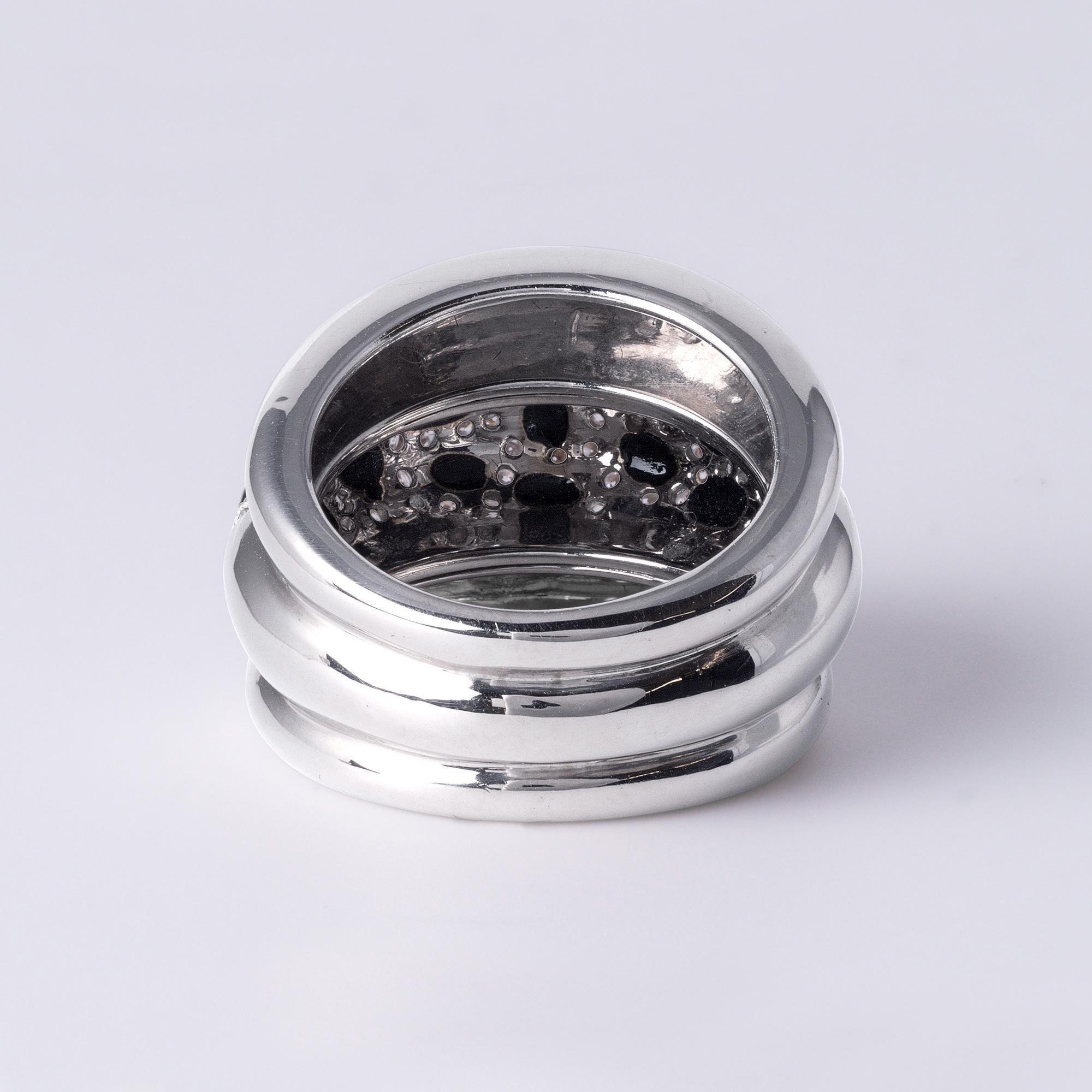 Women's 18K White Gold Black Onyx & Diamond Panther Wide Band Ring For Sale