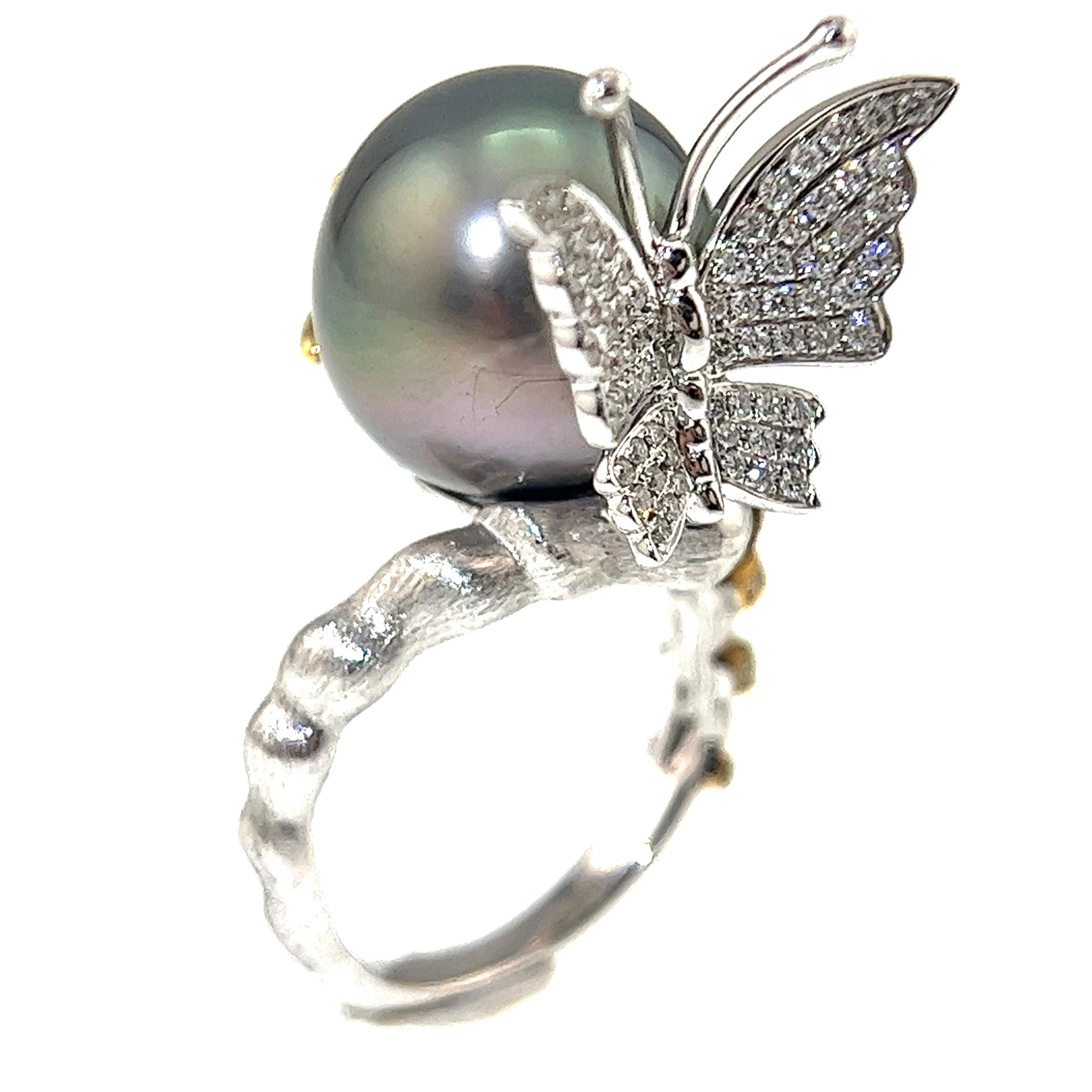 Modern 18K White Gold Black Pearl & Diamond Butterfly Ring For Sale